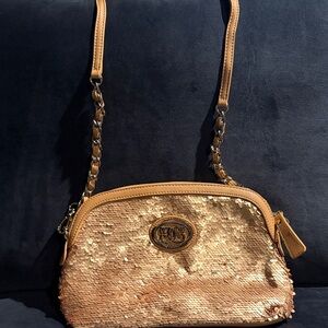 Sharif Gold Sequin Crossbody with Chain-and-Leather Strap